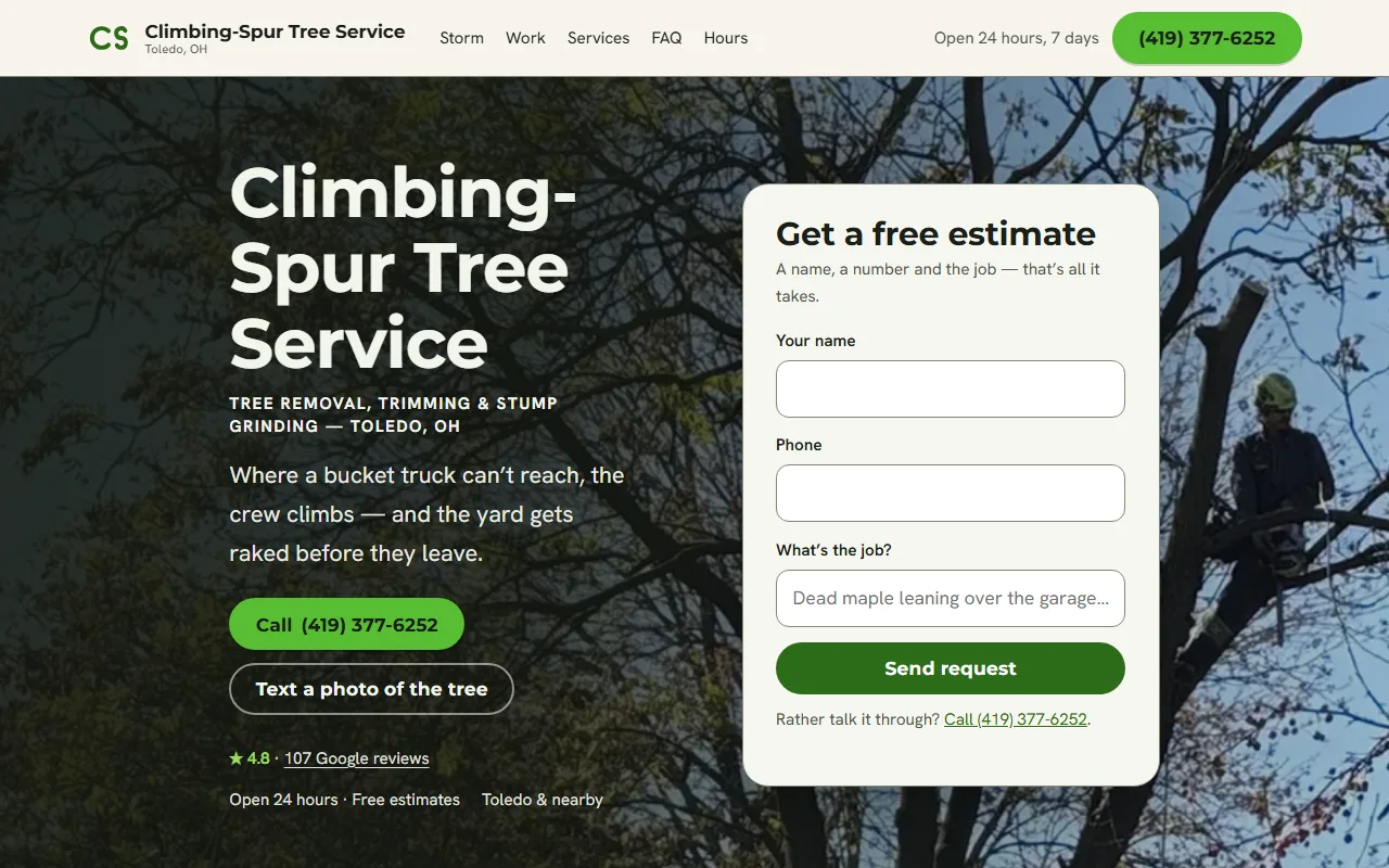 Screenshot of the Climbing-Spur Tree Service website built by Better Call Sites