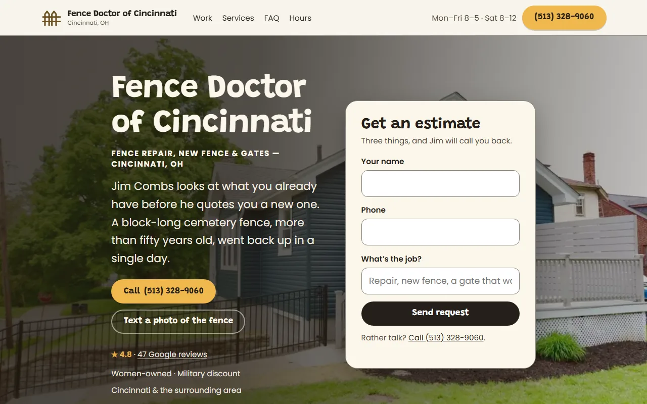 Screenshot of the Fence Doctor of Cincinnati website built by Better Call Sites