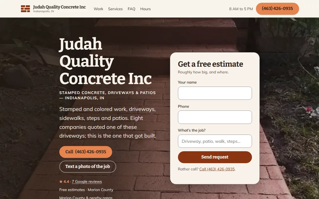 Screenshot of the Judah Quality Concrete website built by Better Call Sites