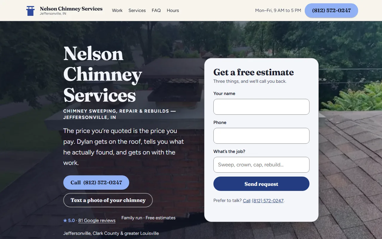Screenshot of the Nelson Chimney Services website built by Better Call Sites