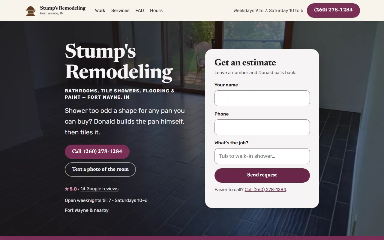 Screenshot of the Stump's Remodeling website built by Better Call Sites