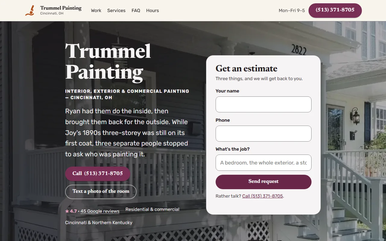 Screenshot of the Trummel Painting website built by Better Call Sites